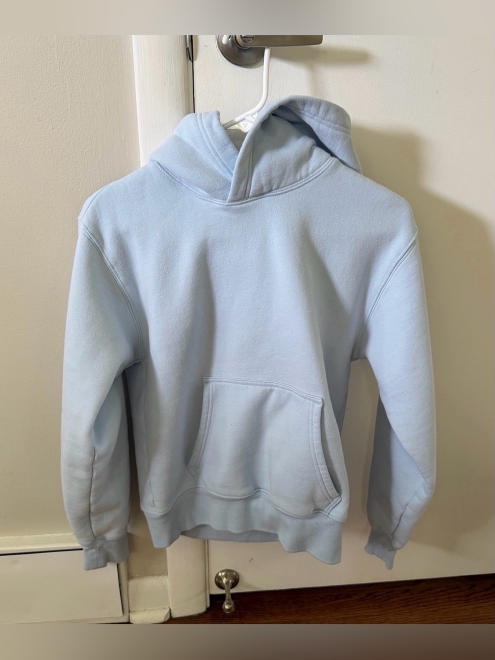 Women Light Blue Hooded Pullover Sweatshirt